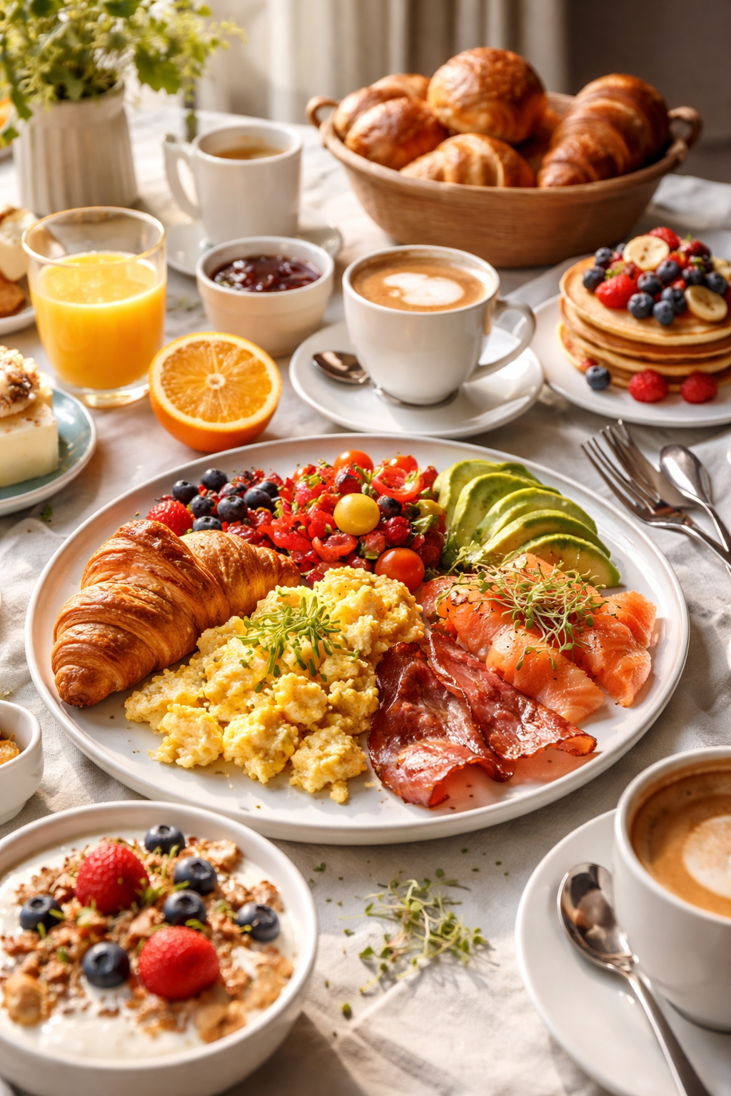 Delicious breakfast spread with pancakes, eggs, and fresh fruit