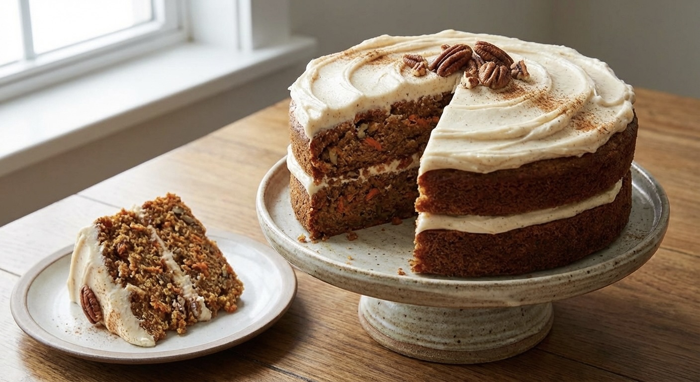 The Ultimate Carrot Cake with a rich, moist texture and a smooth cream cheese frosting