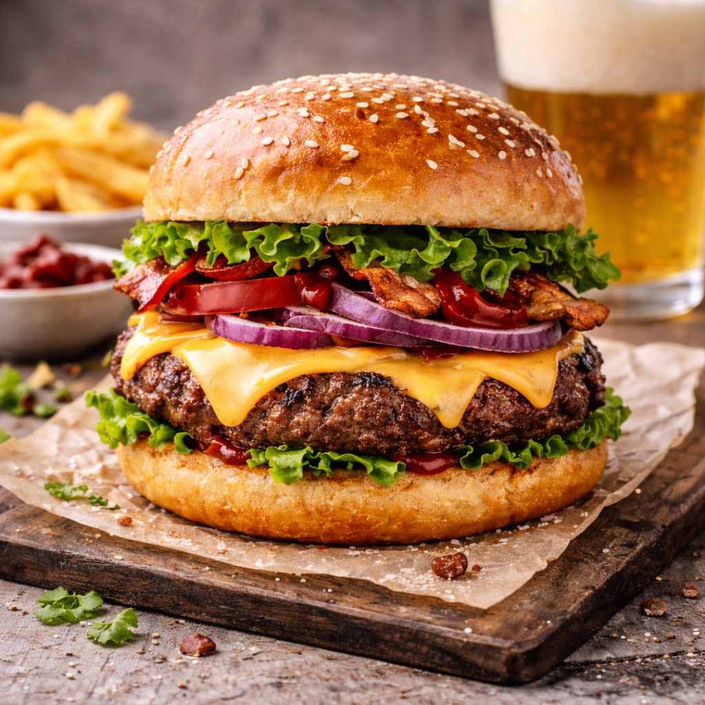 The Ultimate Gourmet Cheeseburger with a hand-formed 80/20 beef patty, melted cheddar, and a signature 'GoldenSpoon' burger sauce on a toasted brioche bun