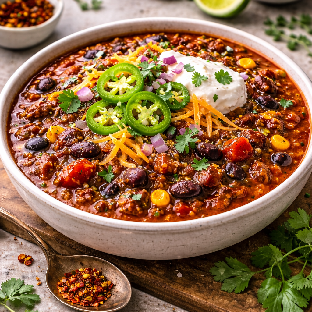 Classic Beef Chili Con Carne with ground beef, red kidney beans, and a complex spice blend