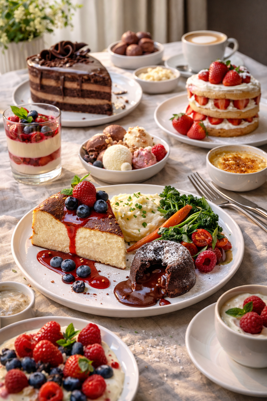 Sweet desserts including cakes and pastries