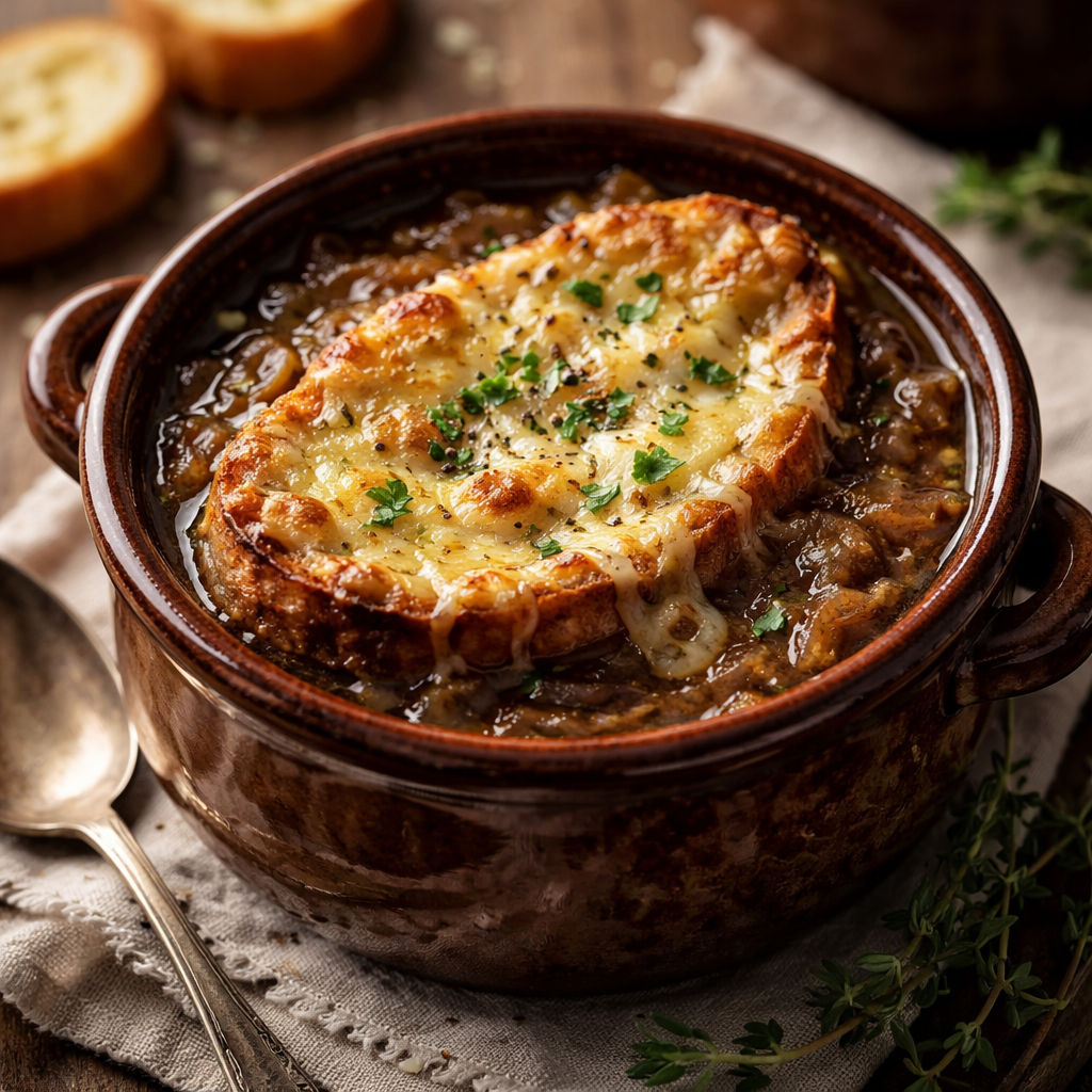 French Onion Soup with slow-caramelized onions and melted Gruyère cheese topping