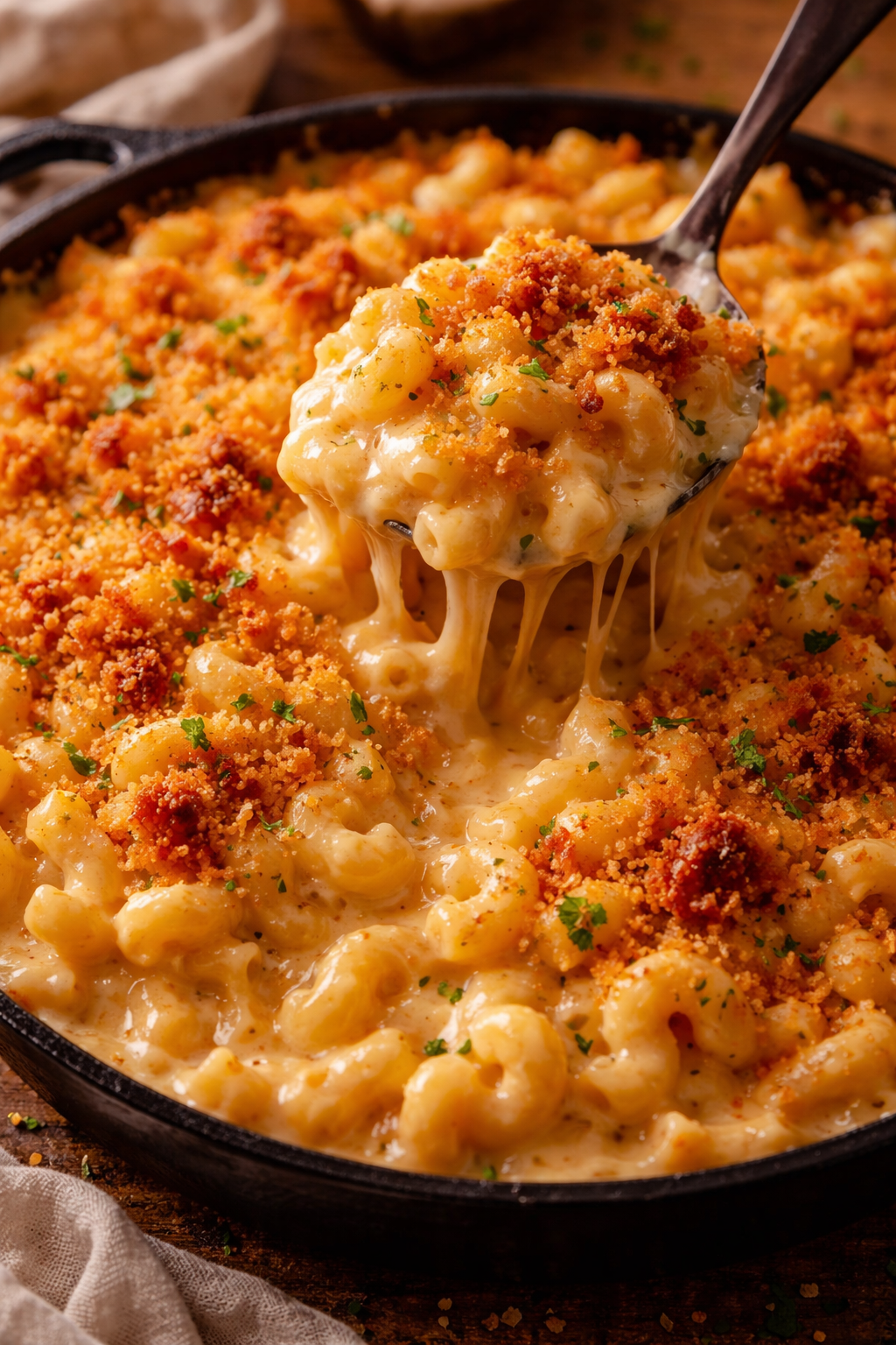 The Ultimate Baked Mac & Cheese with a rich, creamy texture and crispy breadcrumb crust