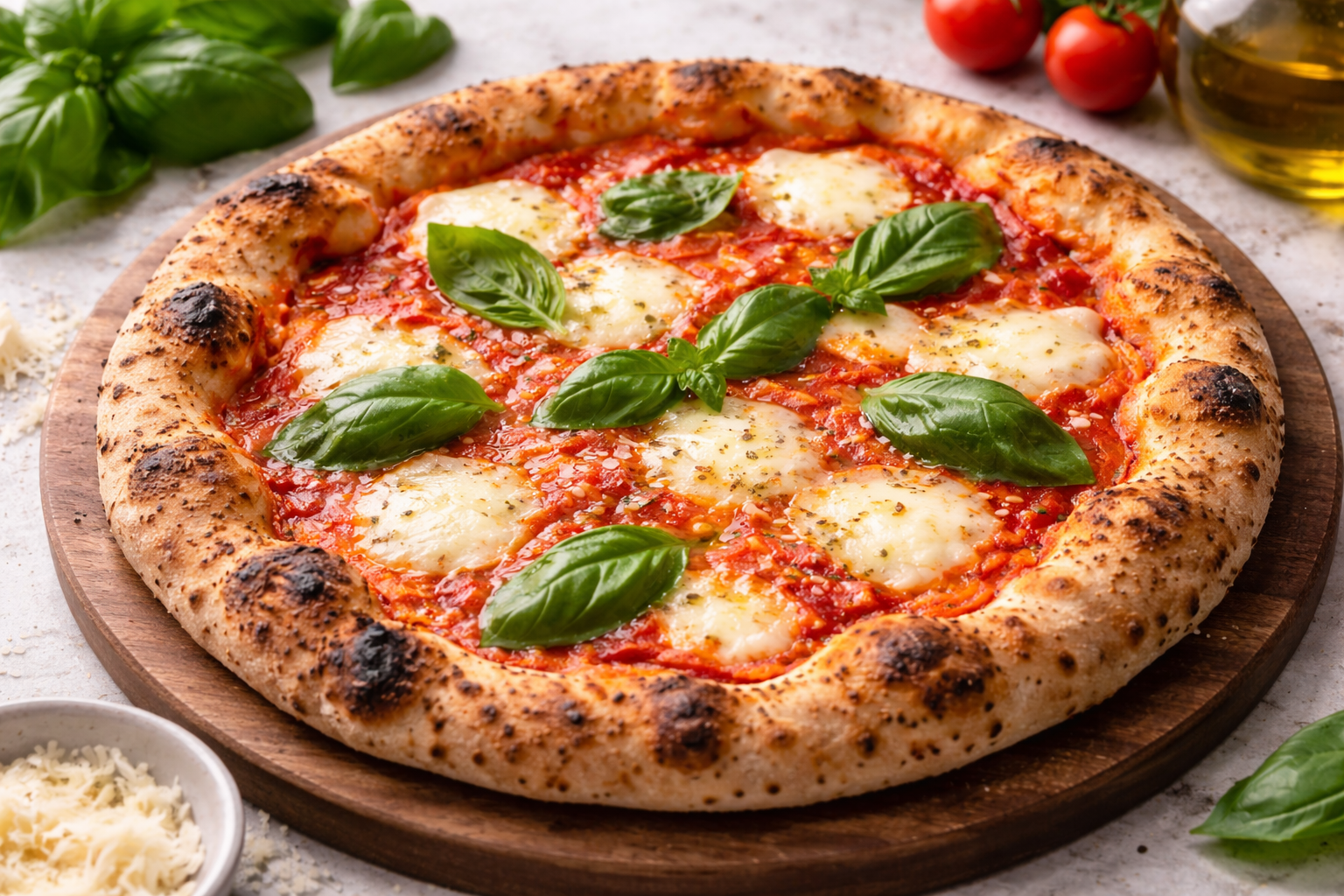 Authentic Neapolitan Margherita Pizza with a thin crust, simple tomato sauce, fresh mozzarella cheese, and fresh basil leaves
