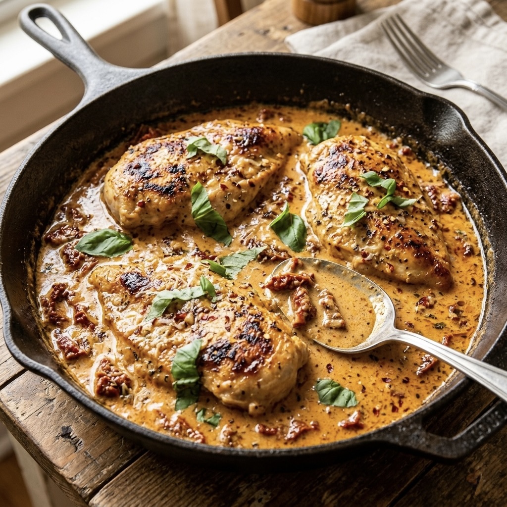 Marry Me Chicken with a creamy sun-dried tomato and parmesan sauce