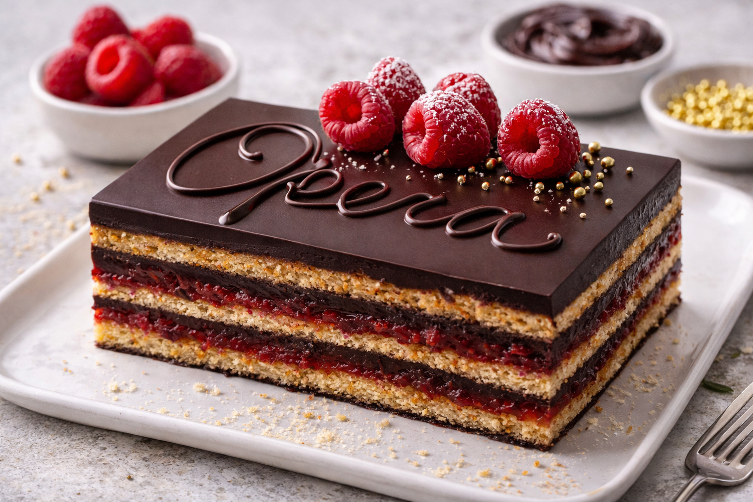 Chocolate Raspberry Opera Cake with layers of almond joconde sponge, raspberry syrup, dark chocolate ganache, and raspberry-infused buttercream