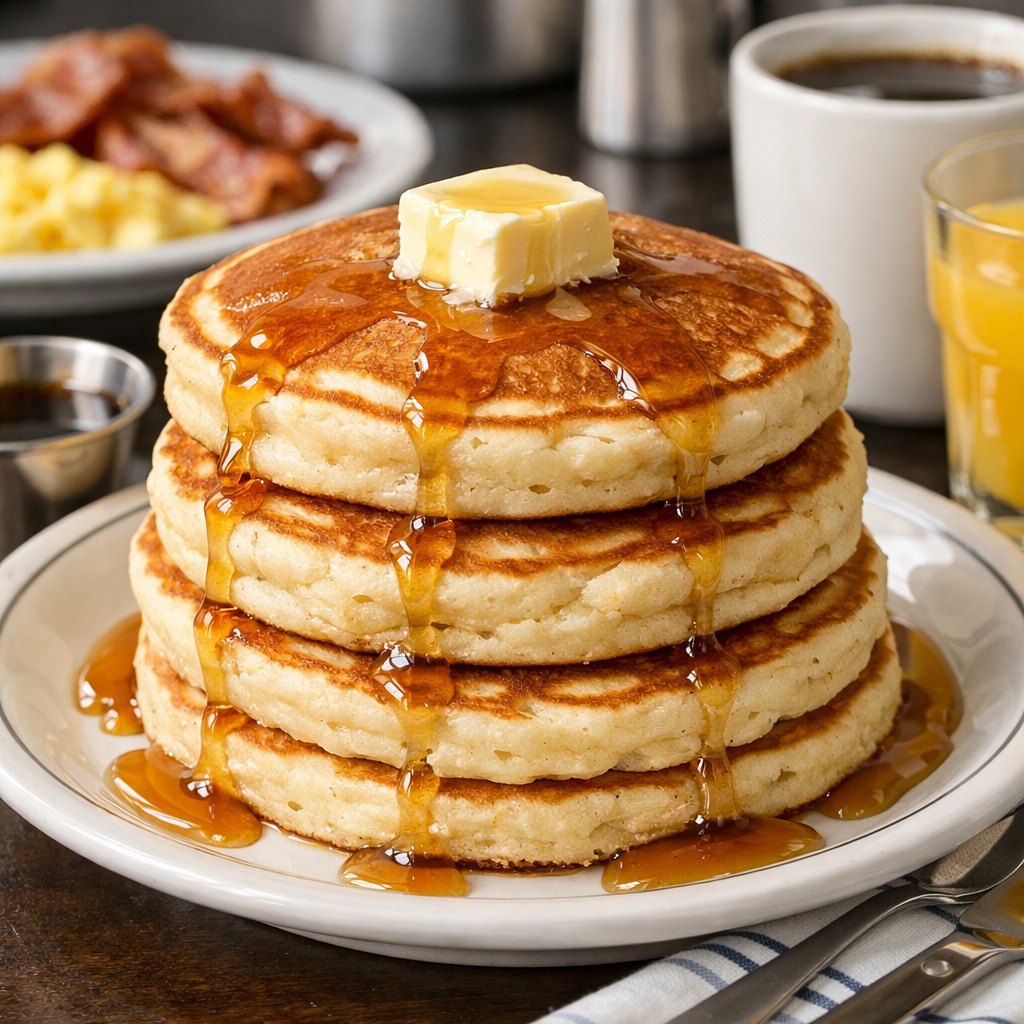 Ultimate Buttermilk Pancakes with a golden-brown exterior and a fluffy interior, served with maple syrup and fresh berries