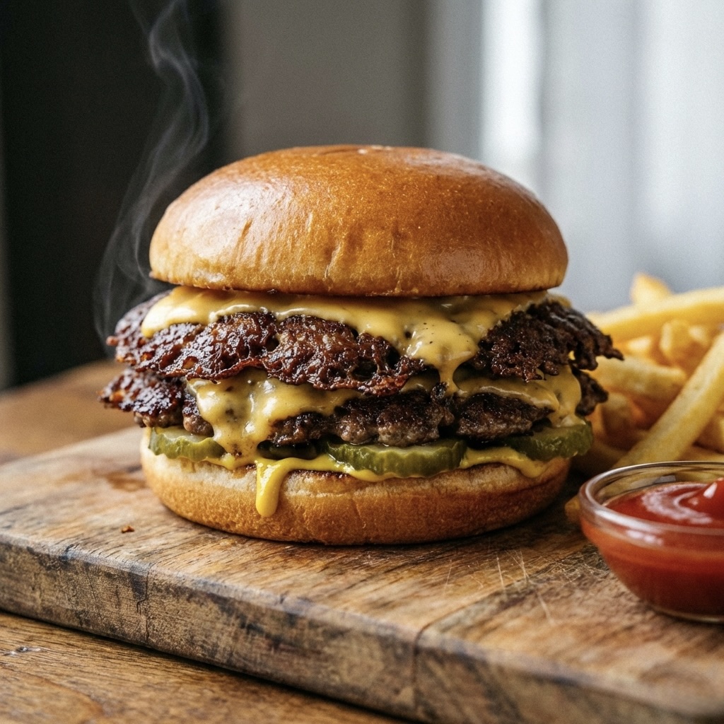 The Ultimate Gourmet Smash Burger with a hand-formed 80/20 beef patty, melted cheddar, and a signature 'GoldenSpoon' burger sauce on a toasted brioche bun