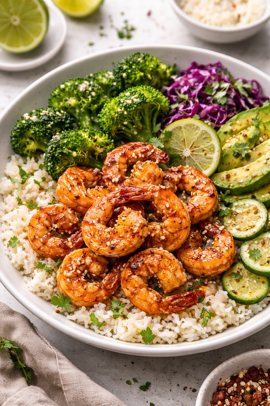 Spicy Honey Garlic Shrimp Bowls with succulent shrimp and fresh broccoli