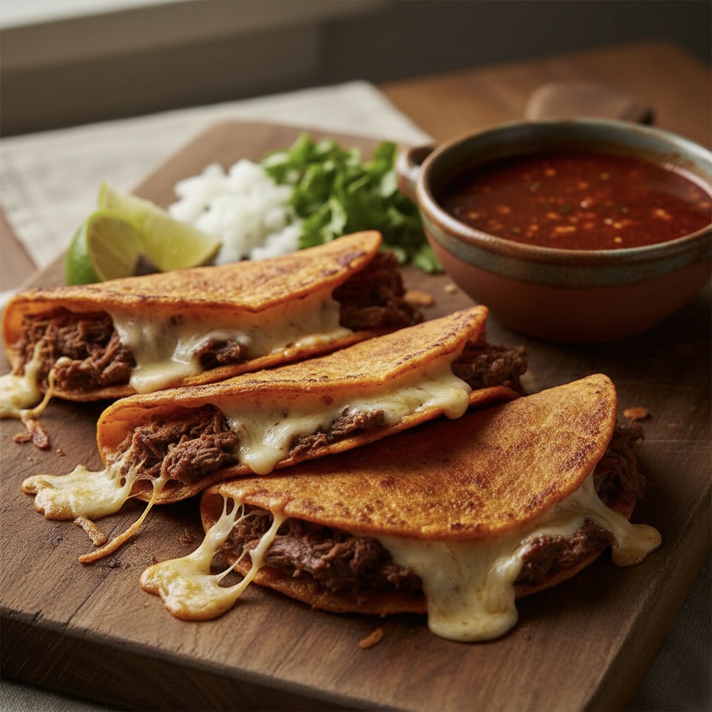 Authentic Birria Tacos with rich, spiced beef consommé