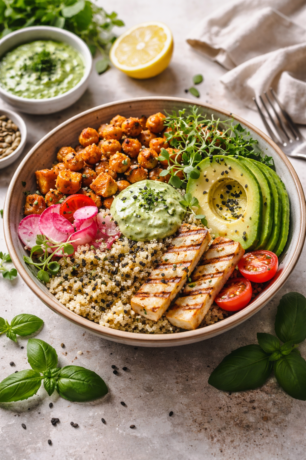 Colorful vegetarian dish with fresh vegetables and herbs